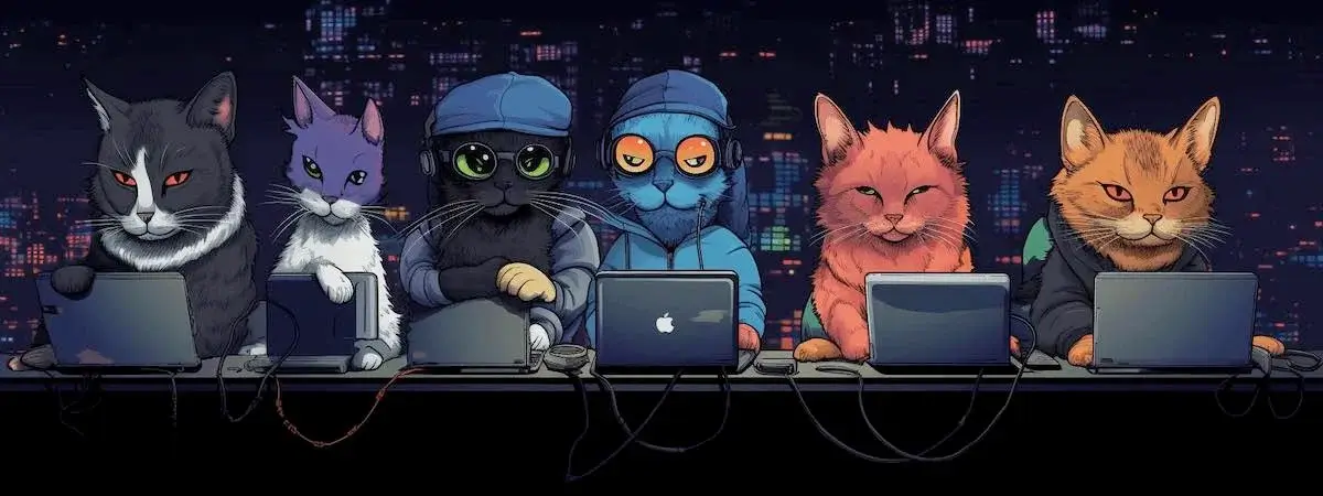 Several cats browsing YouTube on their laptops